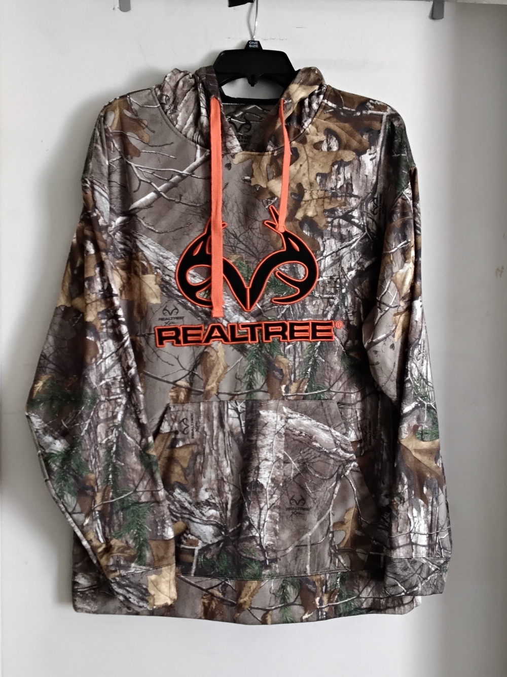 Realtree Camo Hoodie with Orange Logo and Drawstrings